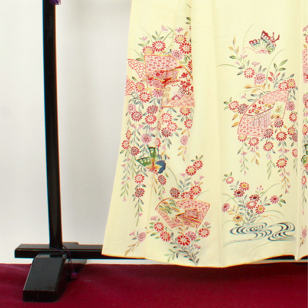 訪問着 袷 身丈159cm 裄丈62.5cm 鳥の子色 京紅型 草花模様 正絹 Aランク クリーム系 1112001943315