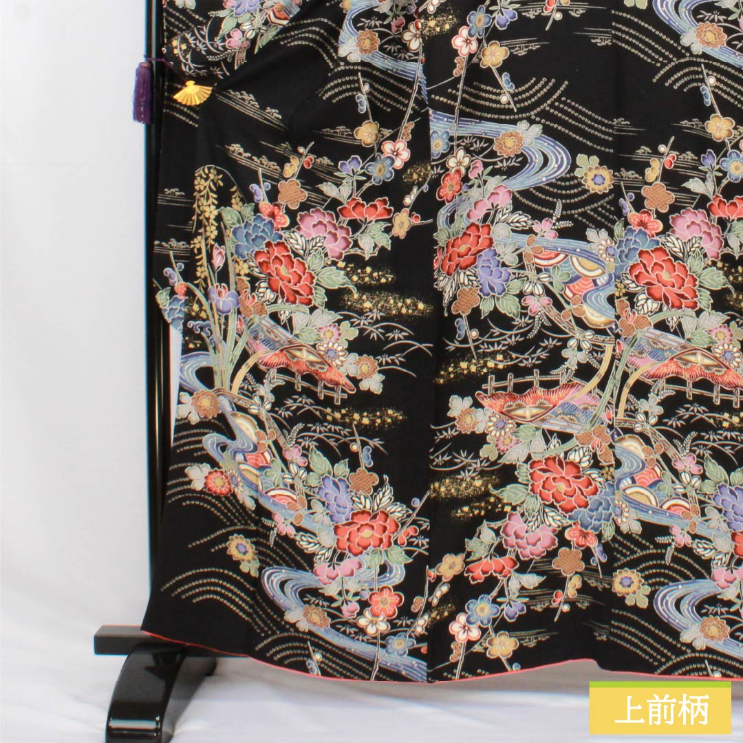 振袖 正絹 Sランク 身丈162cm 裄丈66.5cm 袷 京友禅 重ね衿付き 吉祥文様 牡丹 梅 流水 黒系 1113002792410