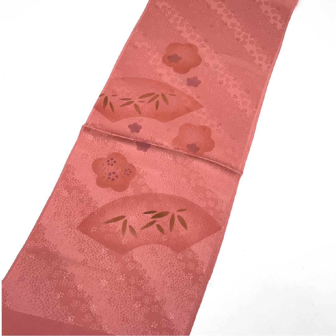 (New old stock) Formal obiage, pure silk, pinkish red, plum, bamboo, fan-shaped, length 179cm, width 30cm, S rank, pink, 1136000222913