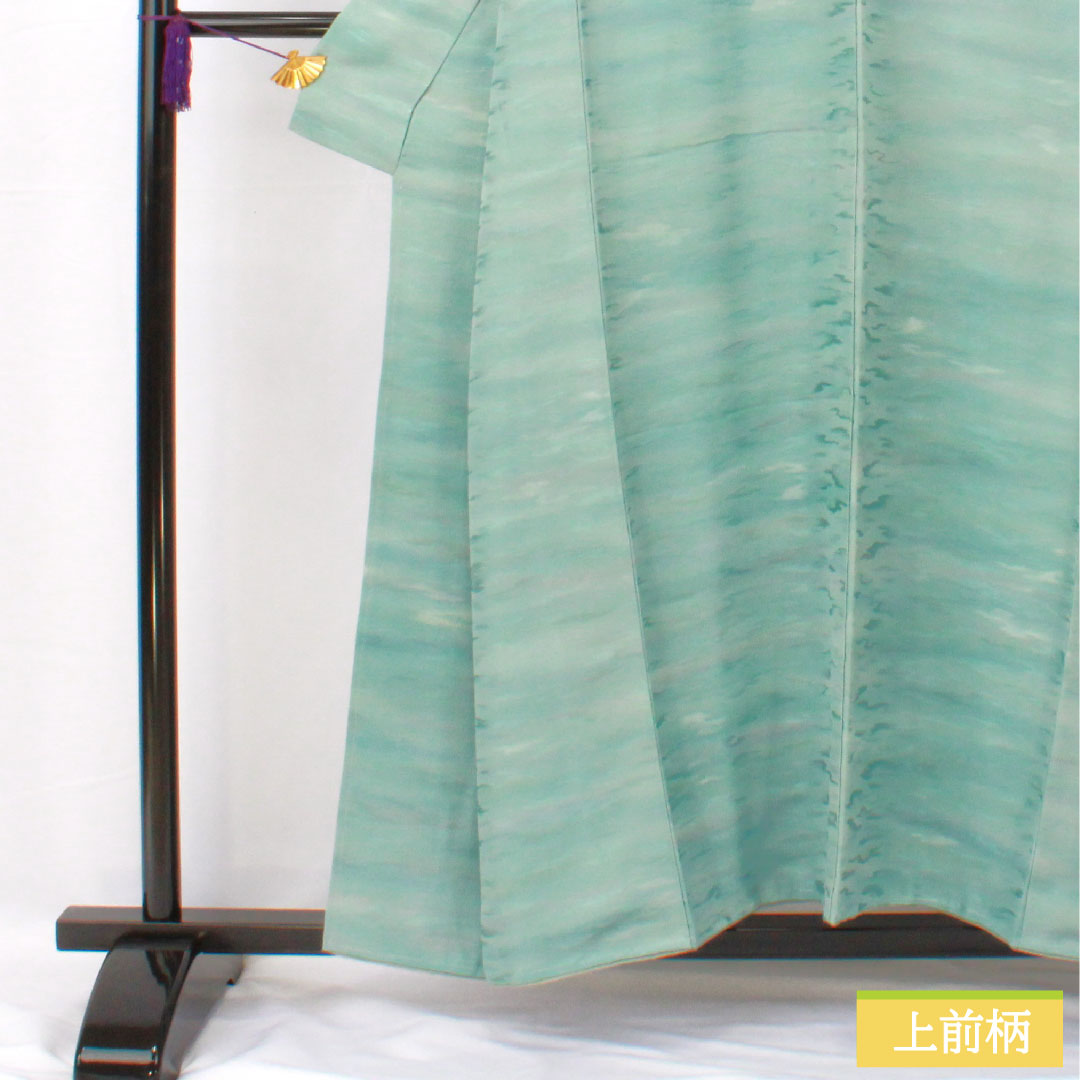色無地 正絹 身丈156cm 裄丈64cm 砧青磁色(きぬたせいじいろ) 天蚕糸 丹後ちりめん 一つ紋 袷 Sランク 青系 1114001572317