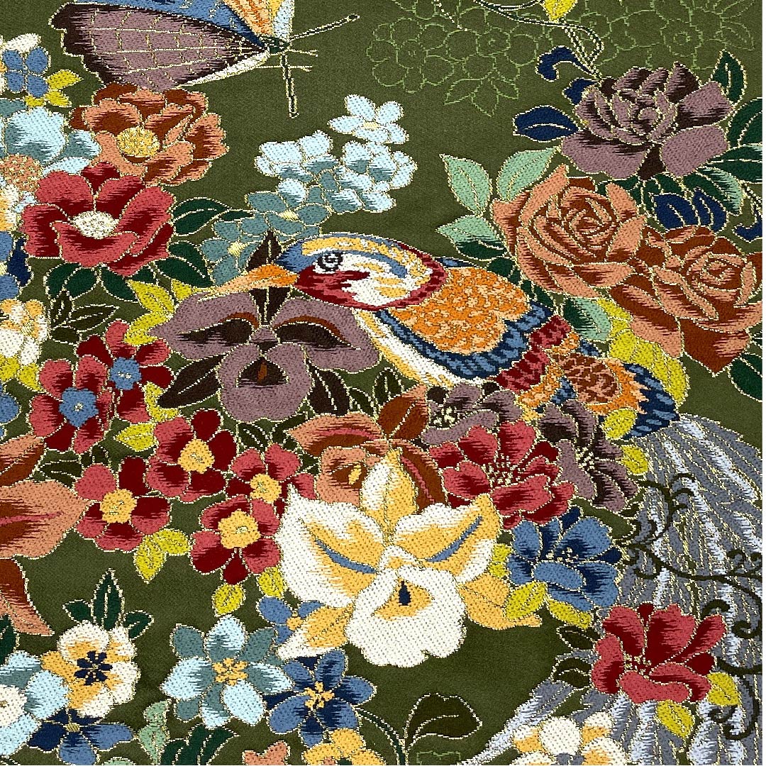 (未仕立)袋帯 松葉鼠色(まつばねずいろ) 白綾苑大庭 尾長鳥 蝶 花模様 帯丈431cm 正絹 Sランク 六通 セミフォーマル 緑系 1123008602319