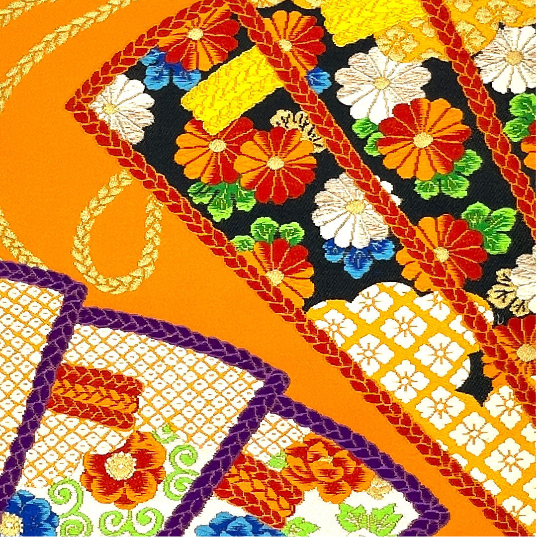 袋帯 扇 振袖用 唐花模様 帯丈428cm 正絹 Sランク 六通 フォーマル 朱系 1123003432316