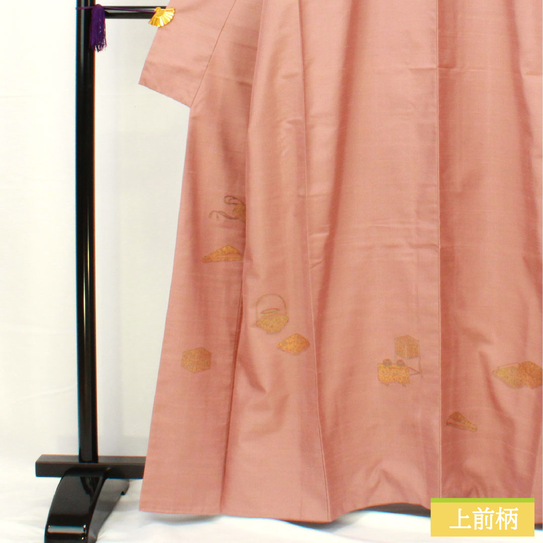 訪問着 正絹 袷 身丈162.5cm 裄丈62.5cm 帯紅色(たいこうしょく) 紬地 一つ紋 丸に角立四ツ目 付下げ Sランク 紫系 1112005572420