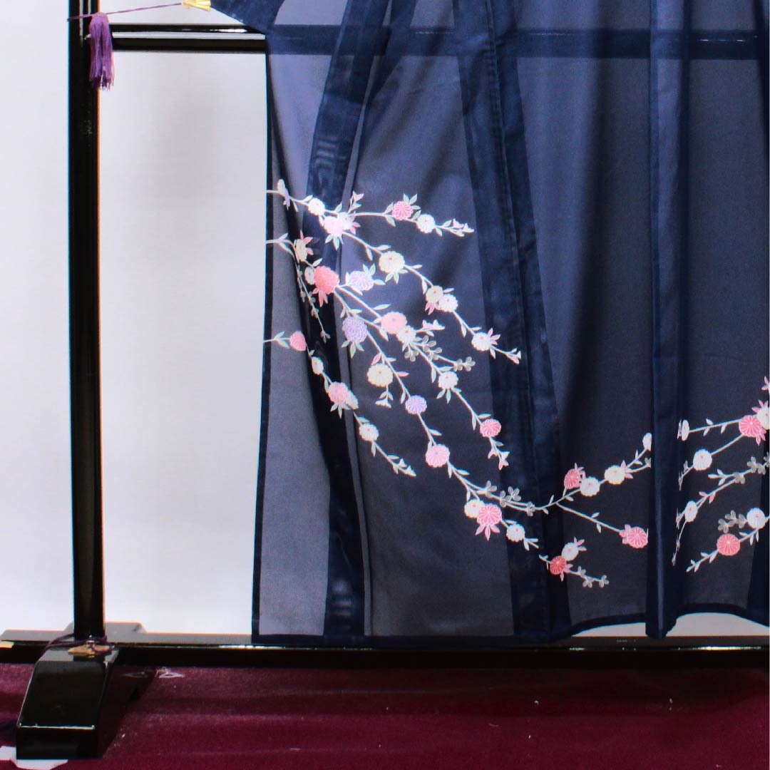 夏物 ポリエステル 訪問着 身丈156.5cm 裄丈65cm 濃紺色(のうこんいろ)菊 絽 Sランク 紺系 1132000102318