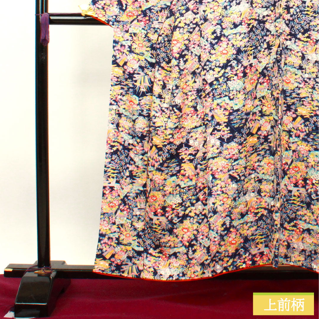 小紋 正絹 身丈157cm 裄丈64cm 袷 紺桔梗色 草花模様 茶屋辻 Sランク 紺系 1115003632318