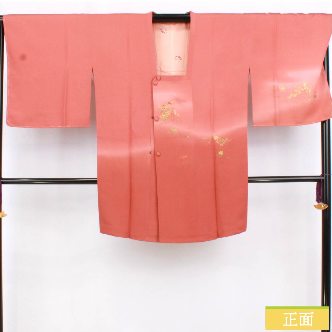 道行コート 正絹 Sランク 身丈88.5cm 裄丈68cm 紅唐色(べにとういろ) 刺繍 金彩加工 花 袷 赤系 1117001212912