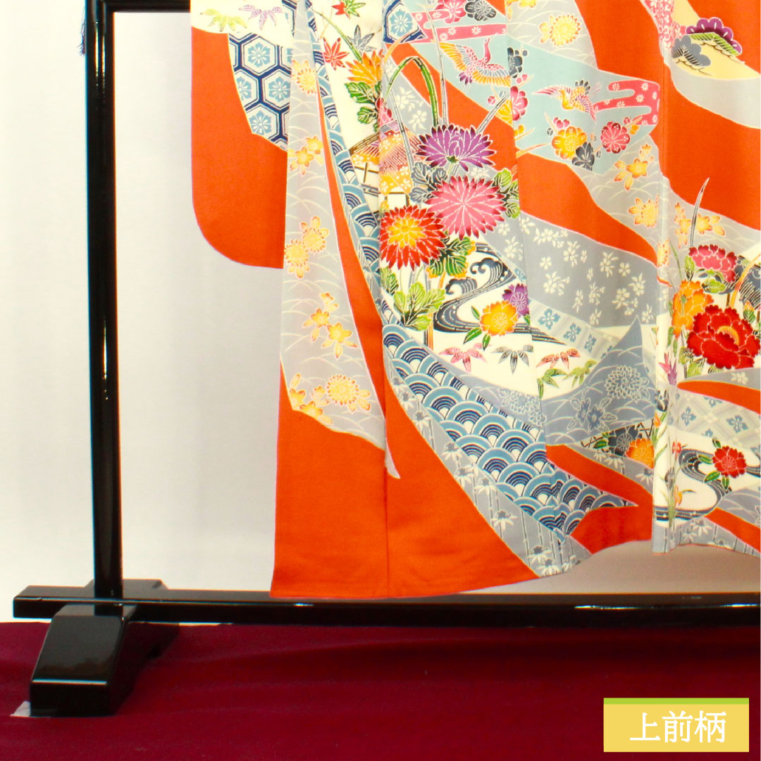 振袖 正絹 身丈151cm 裄丈62cm 袷 黄丹色 京紅型 吉祥文様 Aランク 橙系 1113001913226