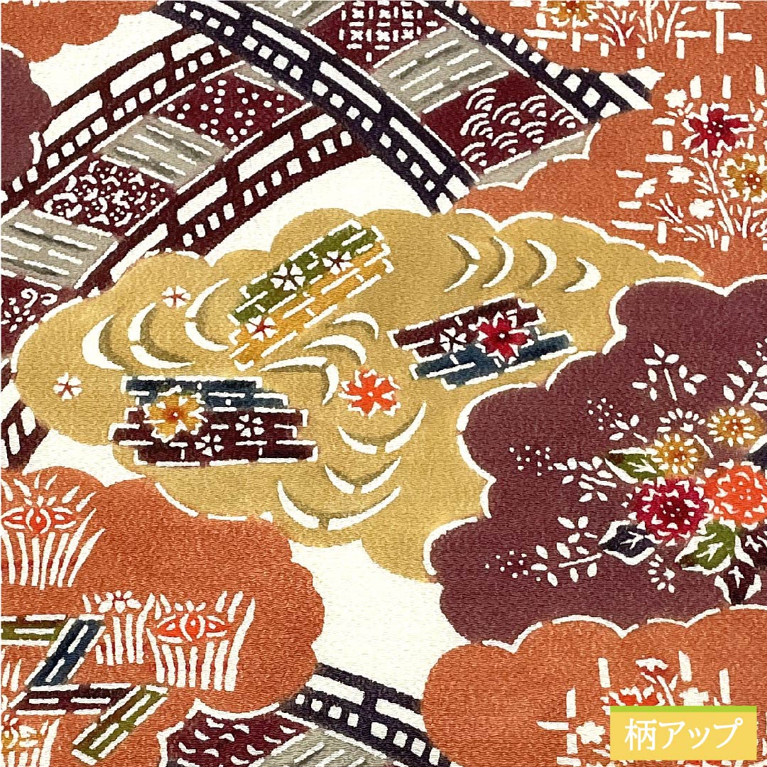 名古屋帯 生成り色 型染 京紅型 古典柄 雲取り ちりめん地 帯丈362cm 正絹 Sランク 六通 カジュアル 白系 1124005802311 名古屋仕立て