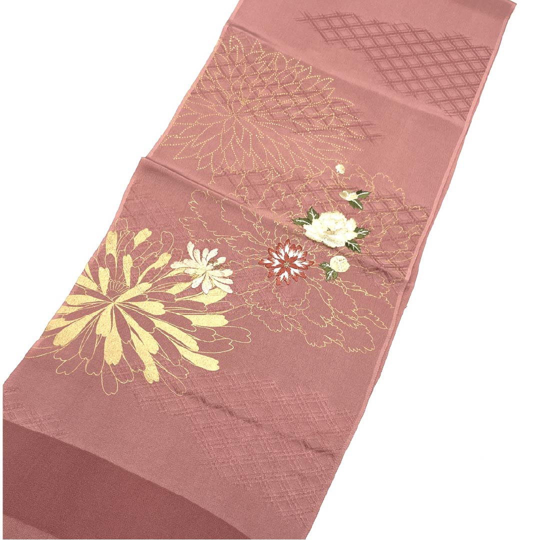 (New old stock) Formal obiage, pure silk, light pink plum color, embroidered flowers, new old stock, length 162cm, width 30cm, S rank, pink, 1136000142913