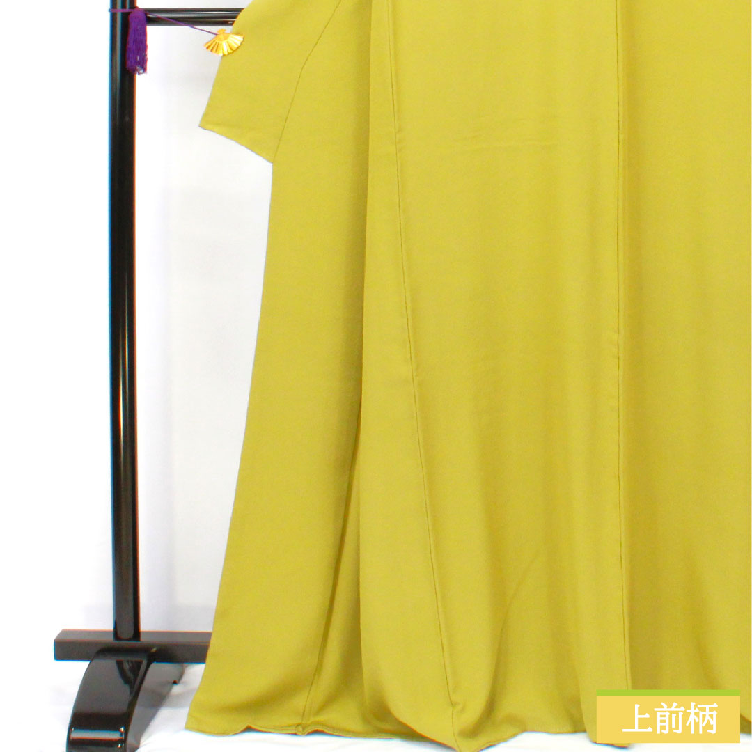 色無地 正絹 身丈167.5cm 裄丈70cm 青朽葉色(あおくちばいろ)素無地 一つ紋 鐶木瓜に花角 袷 Aランク 緑系 1114001973519