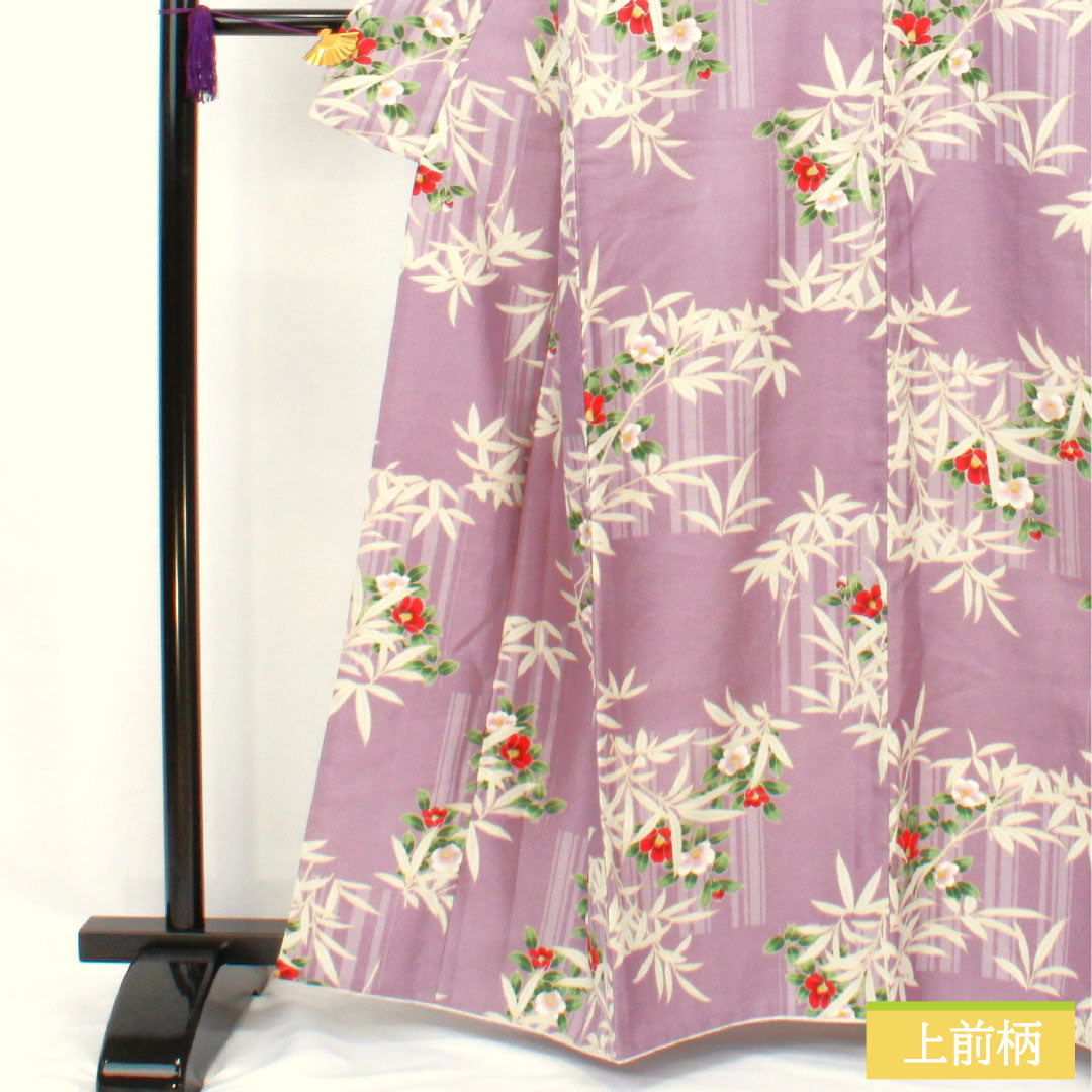 小紋 ポリエステル 身丈162cm 裄丈66cm 袷 浅紫色(あさきむらさきいろ) 洗える着物 草花模様 Sランク 紫系 1115004822420