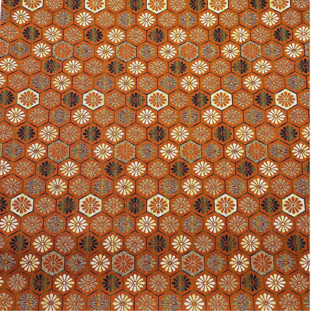 (未仕立)袋帯 赭色(そおいろ) 亀甲 菊 帯丈464cm 正絹 Aランク 全通 セミフォーマル 茶系 1123006573414