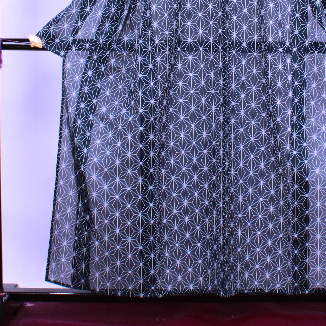 Summer polyester komon length 157.5cm sleeve length 61.5cm blue ink color hemp leaf silk S rank navy blue 1132000252318