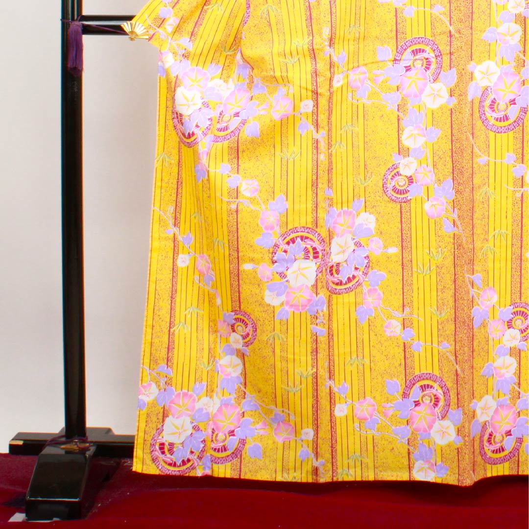 浴衣 卵色 朝顔 和傘 木綿 Sランク 単衣 身丈165cm 裄丈65cm 黄系 1118004022523