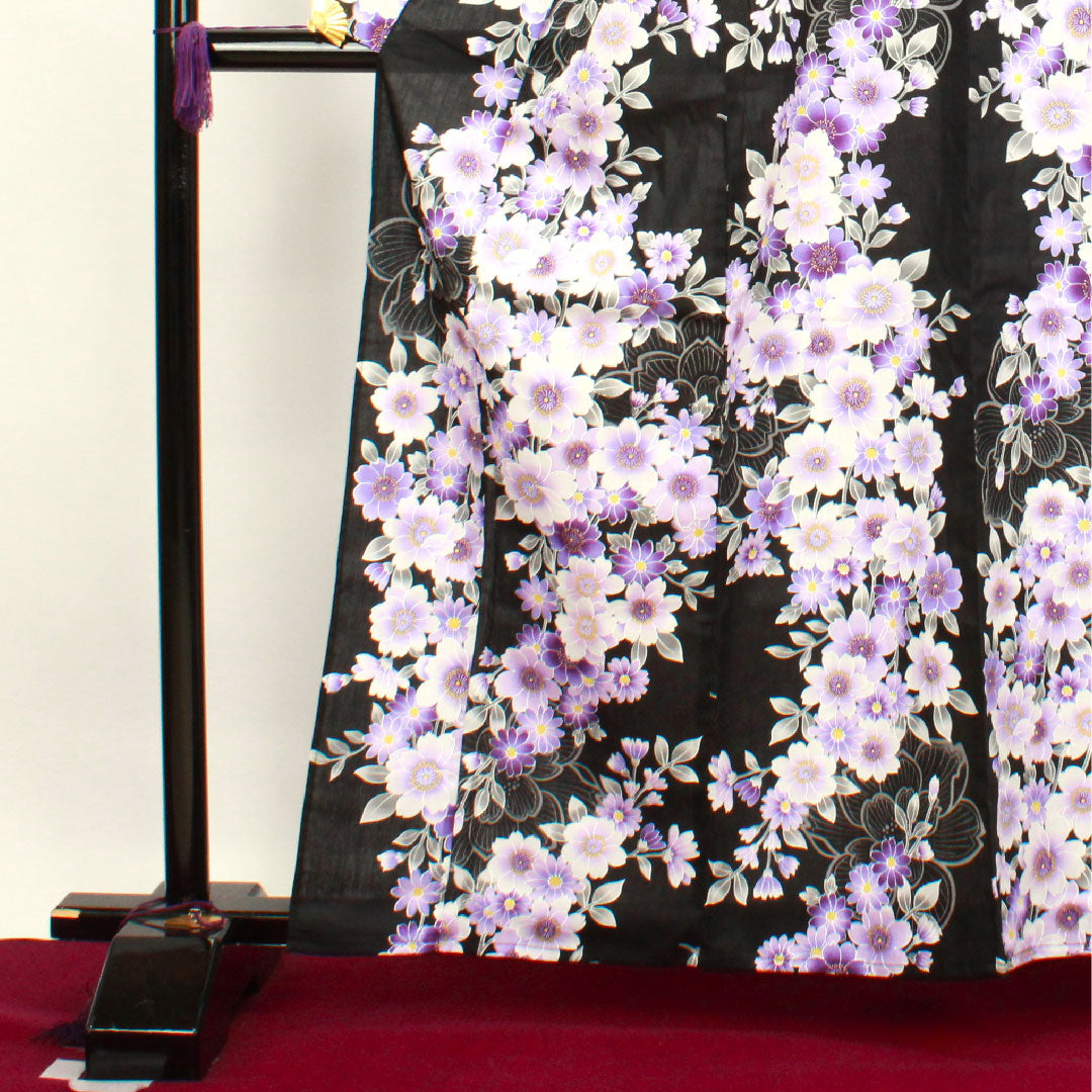 浴衣 桜 木綿 Sランク 単衣 身丈161.5cm 裄丈65.5cm 黒系 1118001492410