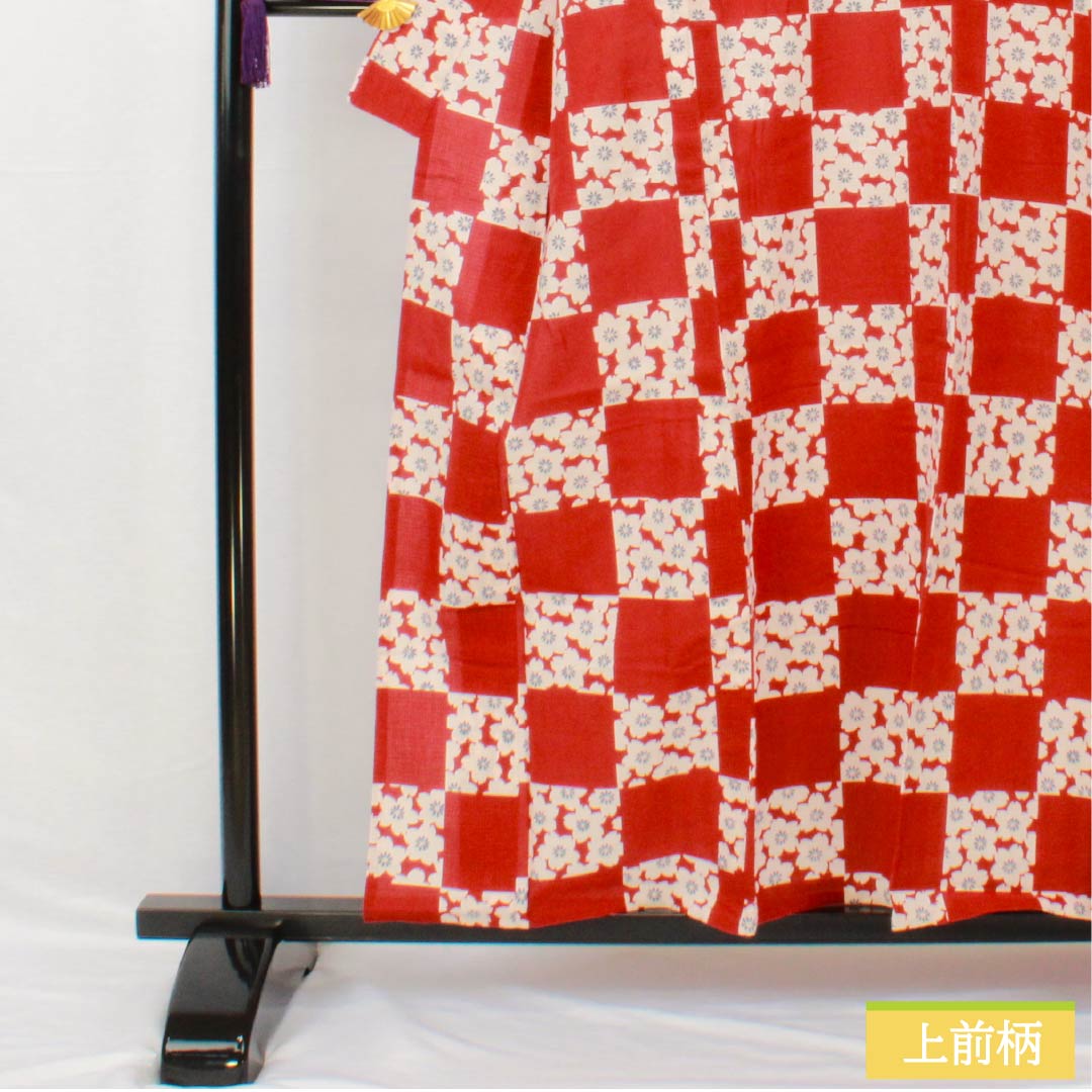 浴衣 木綿 身丈157cm 裄丈67cm Bランク 単衣 朱系 濃紅葉色(こいもみじいろ) 市松模様 桜 撫松庵 1118005524316