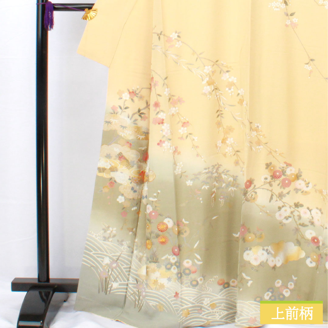 訪問着 正絹 袷 身丈165.5cm 裄丈66.5cm 東京白茶色(とうきょうしらちゃいろ) 青磁色(せいじいろ) 京友禅 草花模様 Sランク グラデーション系 1112005722599