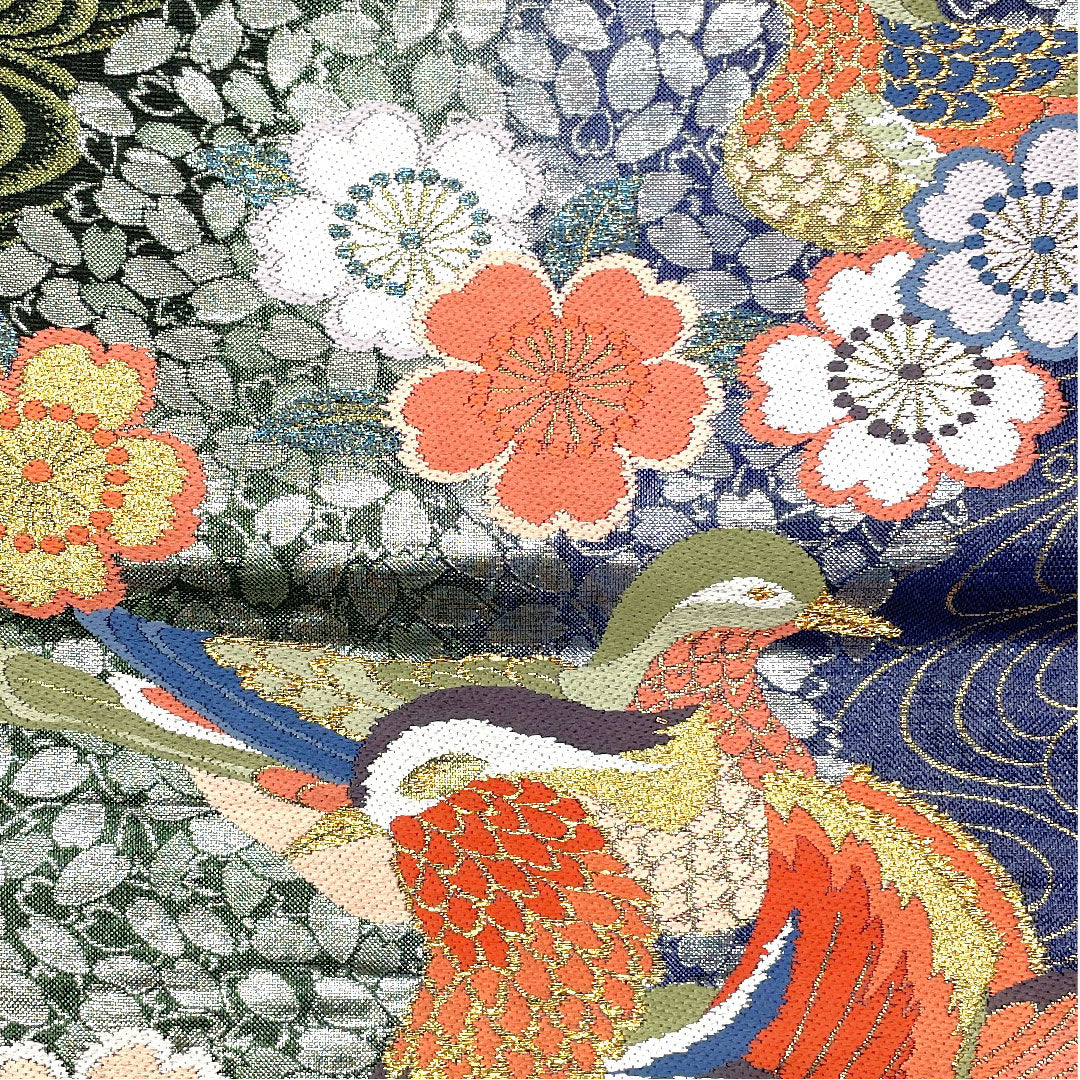 袋帯 振袖用 桜散らし鴛鴦紋 帯丈426cm 正絹 Sランク 全通 フォーマル 紺系 1123003932318