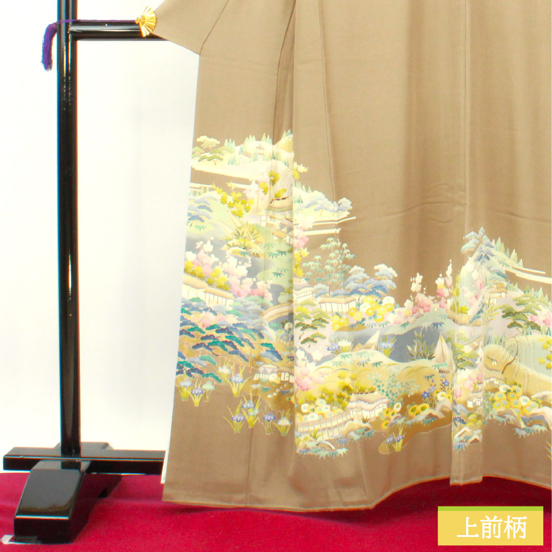 彩色留袖、纯丝、长度161厘米、袖长66厘米、衬里、壁灰色、京加贺友禅、暗襟、山水纹、三个徽章、常春藤、A级、棕色、1111001403414