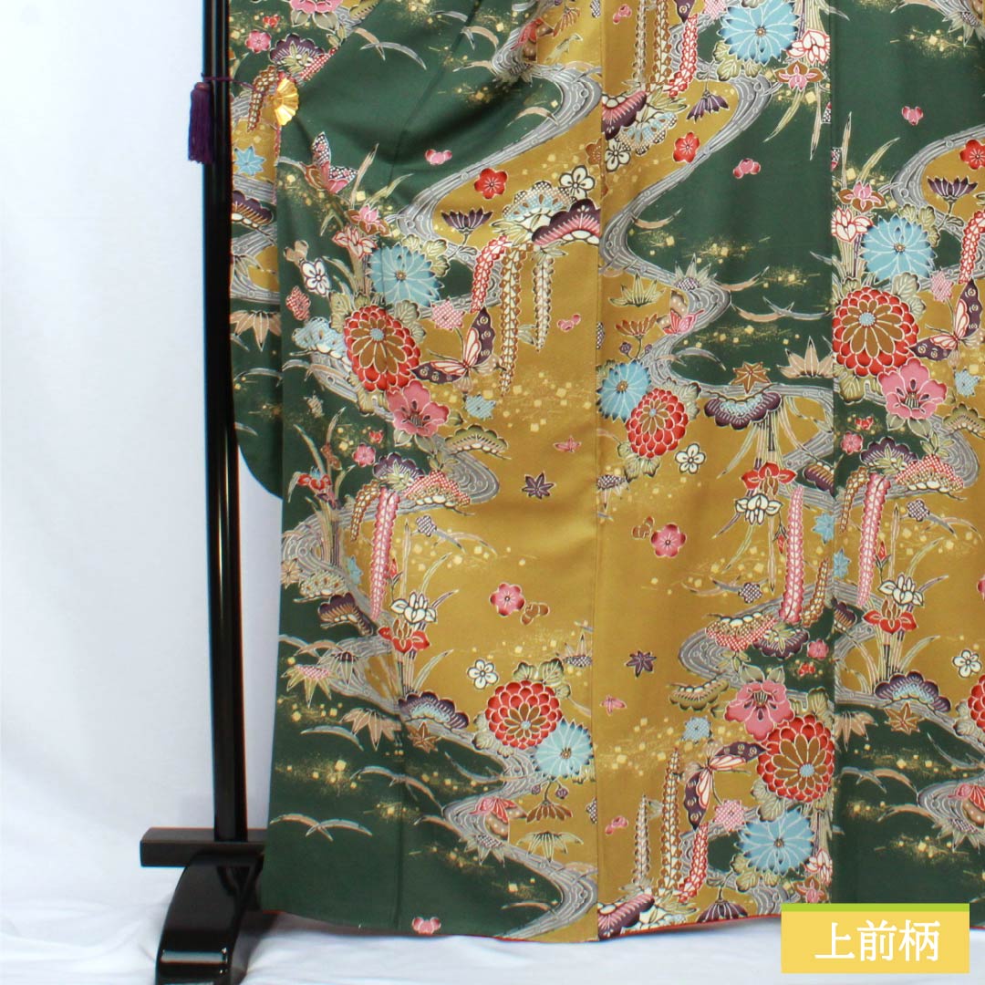 振袖 正絹 Aランク 身丈168cm 裄丈68cm 袷 菜種油色(なたねあぶらいろ) 京友禅 紗綾形 慶長柄 綸子生地 黄系 1113002523523