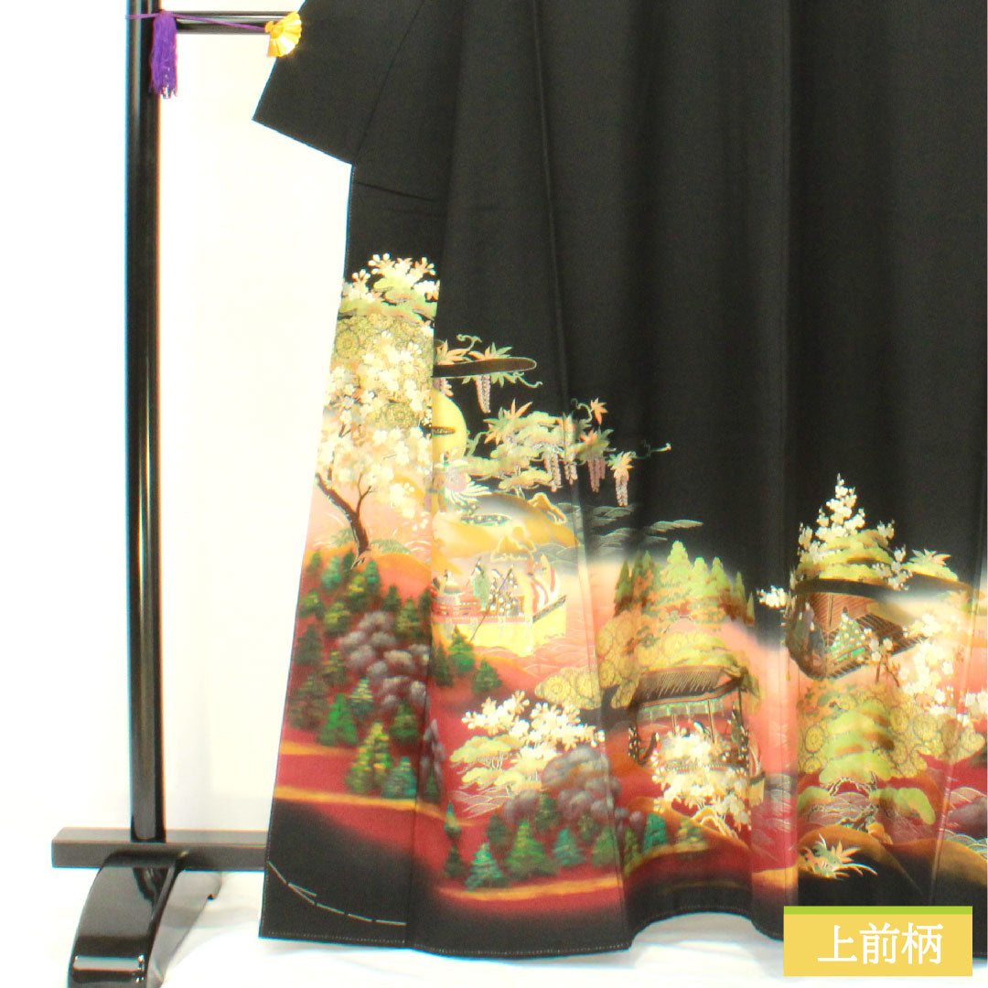 Black formal kimono, pure silk, length 161cm, sleeve length 62cm, lined, Kyoto Yuzen, Tale of Genji, artist's work, five crests, circle with diamonds, A rank, black, 1111001483410