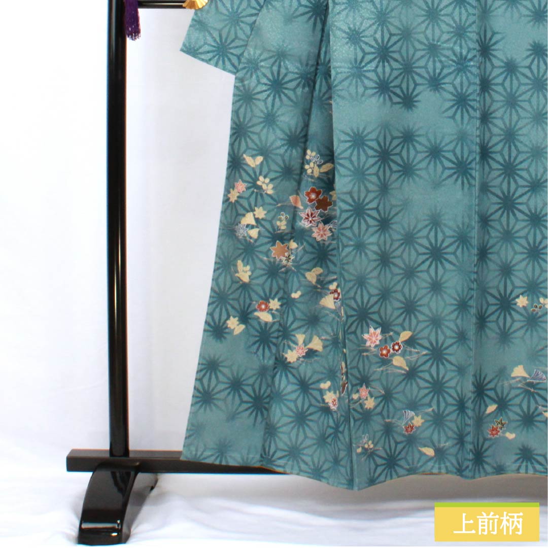 Homongi (formal kimono) made of polyester, lined, length 157cm, sleeve length 62cm, indigo brown, washable, hemp pattern, small pattern scattered, with basting thread, S rank, blue, 1112006052317