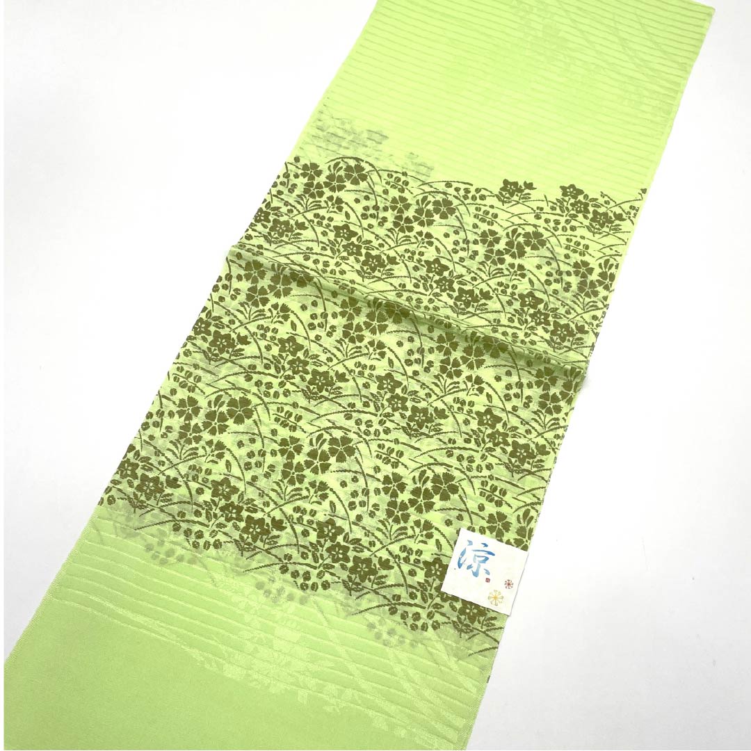 (新品)帯揚げ 正絹 セミフォーマル 若菜色(わかないろ) 夏物 桔梗 撫子 長さ約172cm 幅約29cm NEWランク 緑系 1136000701919