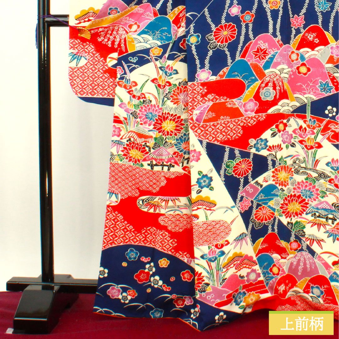 Furisode, pure silk, length 165cm, sleeve length 66cm, lined, lapis lazuli color, Kyoto Bingata, auspicious motif, A rank, navy blue, 1113002053518