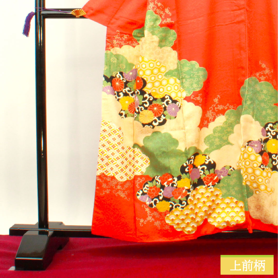 訪問着 正絹 袷 身丈160cm 裄丈63cm 緋色 京友禅 刺繡 吉祥文様 一つ紋(縫紋) 五三桐 Sランク 朱系 1112003752416