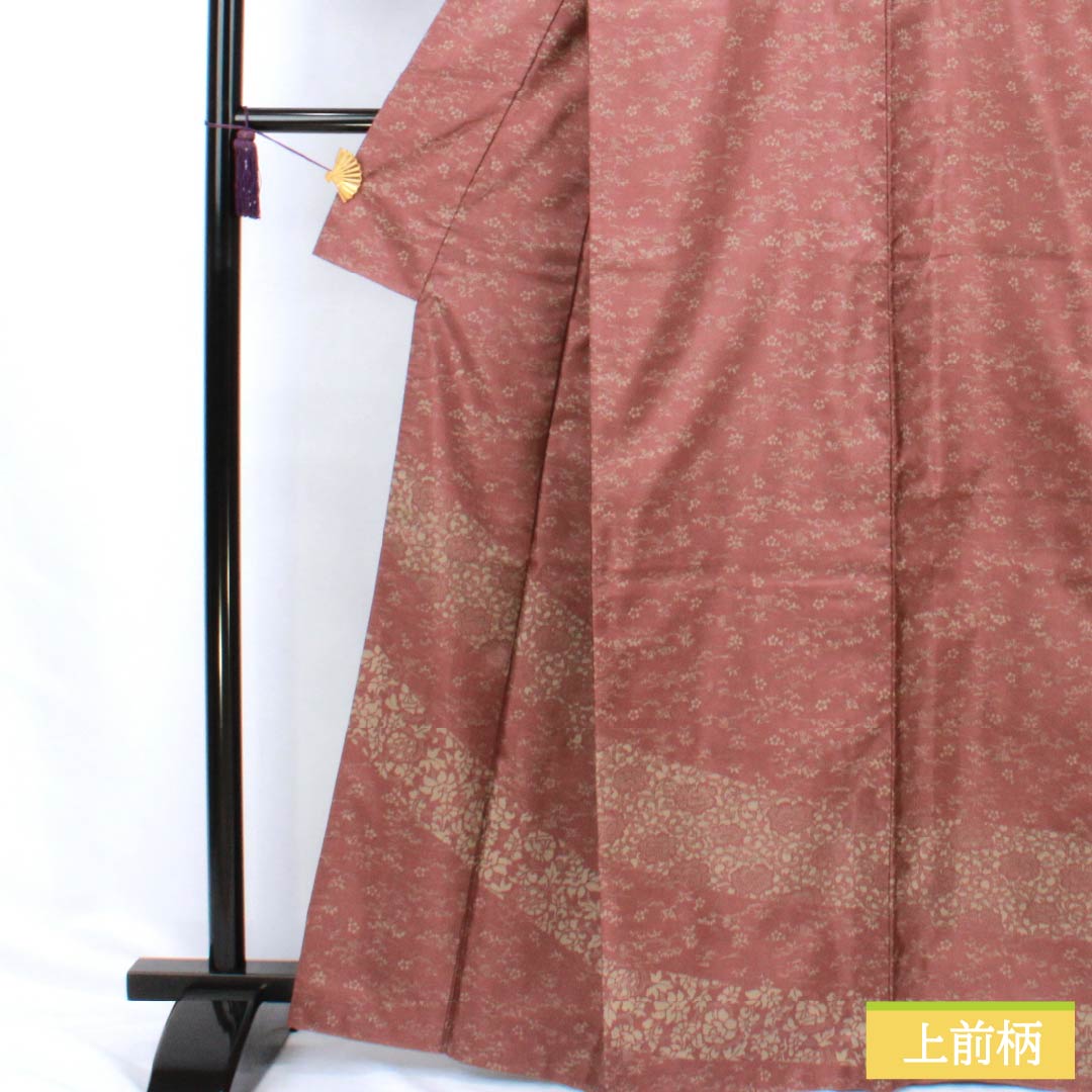 訪問着 正絹 Aランク 袷 身丈164.5cm 裄丈65cm 小豆色(あずきいろ) 紬地 草花 茶系 1112006343414