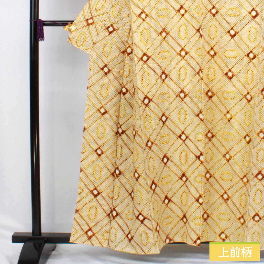 小紋 正絹 Aランク 身丈158cm 裄丈64cm 袷 藤黄色(とうおういろ) 絞り 幾何学模様 黄系 1115006583323