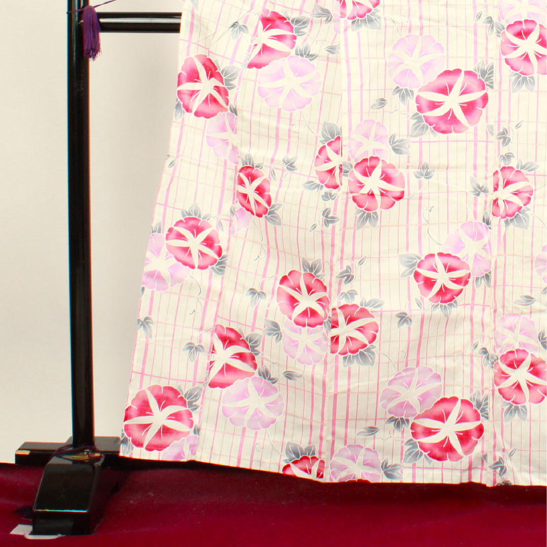 浴衣 朝顔 格子 木綿 Sランク 単衣 身丈162.5cm 裄丈65cm 白系 1118001512411