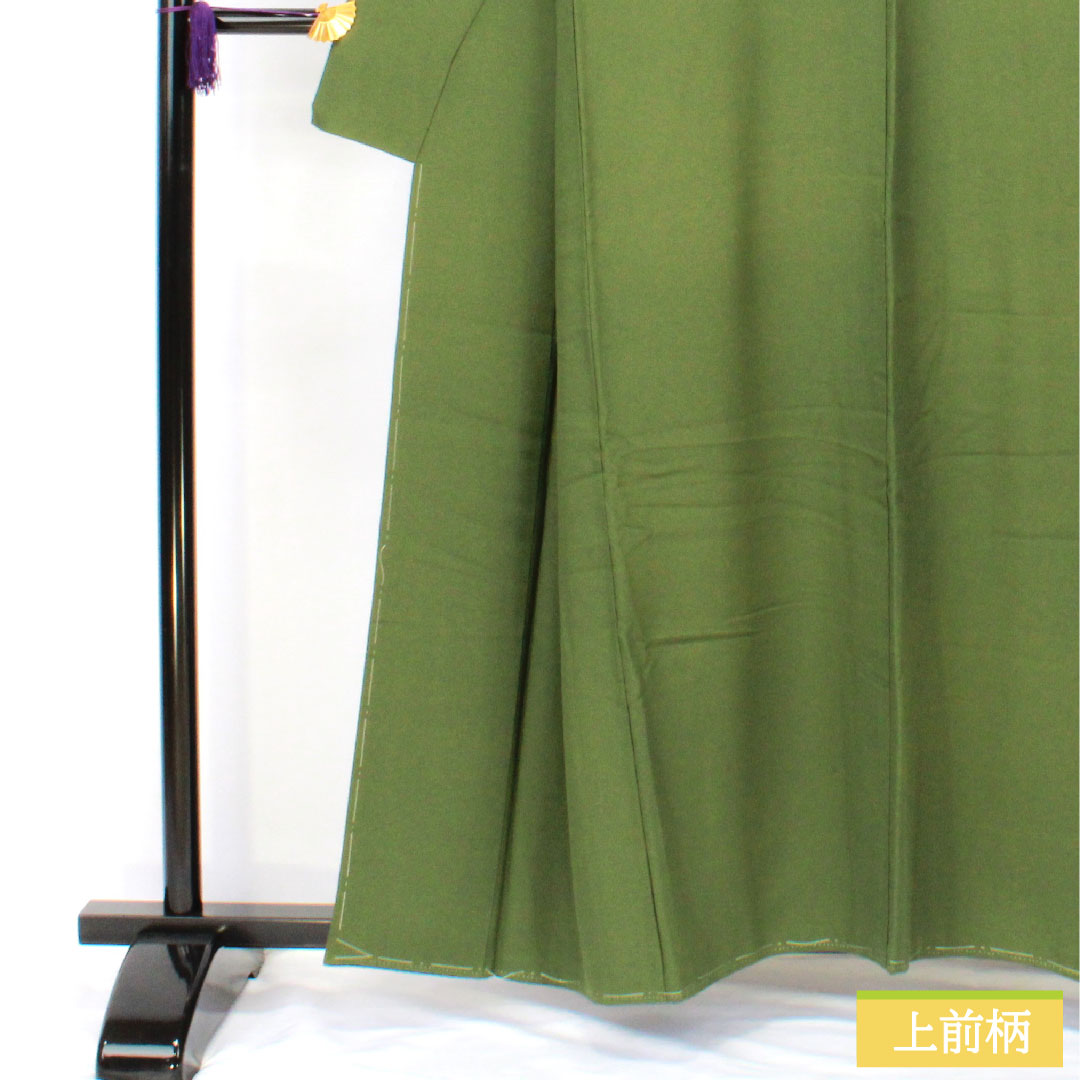 色無地 正絹 身丈157.5cm 裄丈67cm 青丹色(あおにいろ) 素無地 一つ紋 糸輪に違い鷹の羽 袷 Aランク 緑系 1114002113319