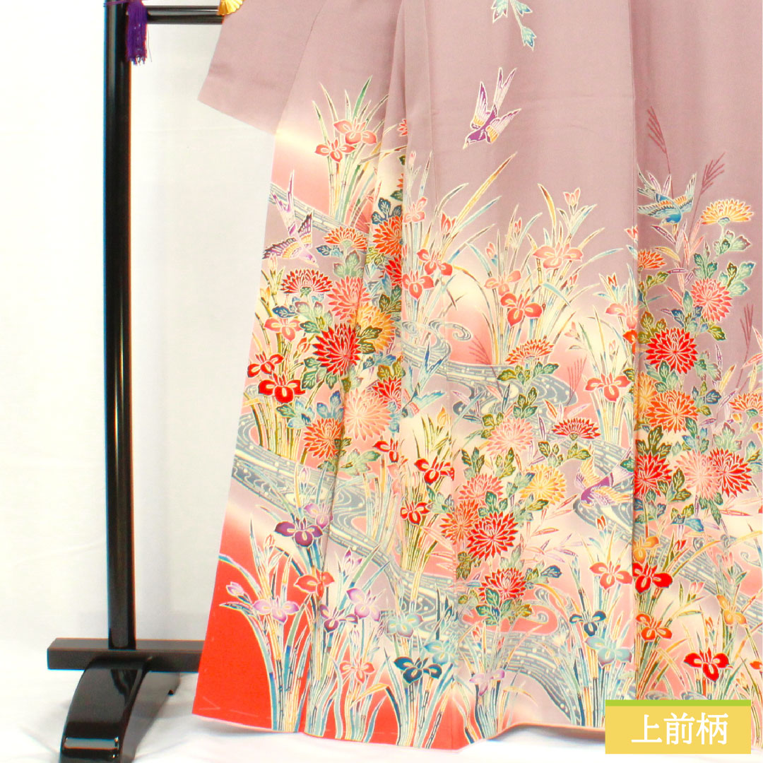 訪問着 正絹 袷 身丈164cm 裄丈63cm 葡萄色(えびいろ) 京紅型 草花模様 Aランク 紫系 1112005263420