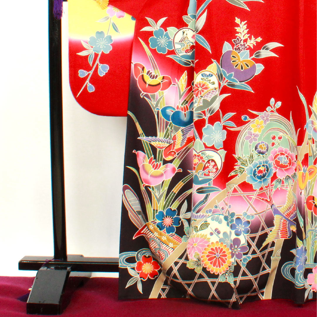 振袖 身丈168cm 裄丈68.5cm 袷 生臙脂色 京紅型 作家物 正絹 Sランク 赤系 1113001222512