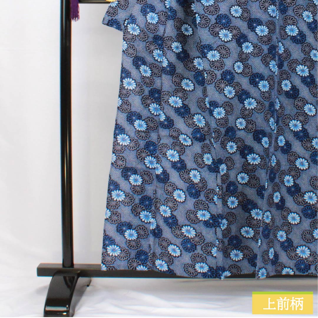 浴衣 木綿 身丈157cm 裄丈65cm Aランク 単衣 紺系 褐色(かちいろ) 菊 リップル 1118006473318