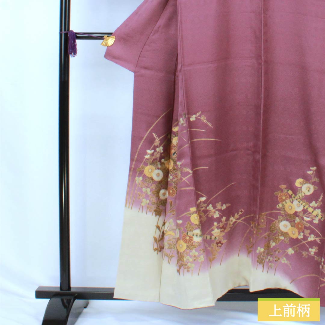 訪問着 正絹 Sランク 袷 身丈155.5cm 裄丈63cm 滅紅色(めっこういろ) 京友禅 縫い紋 雪輪に違い鷹の羽 菊 萩 紫系 1112006812320