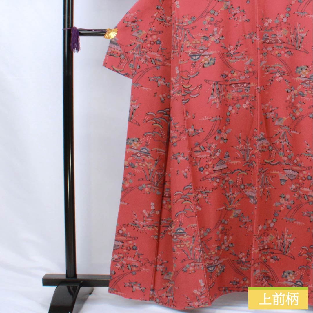 小紋 正絹 Aランク 身丈162cm 裄丈64cm 袷 祭紅色(さいこういろ) 茶屋辻 松竹梅 型染 赤系 1115006883412