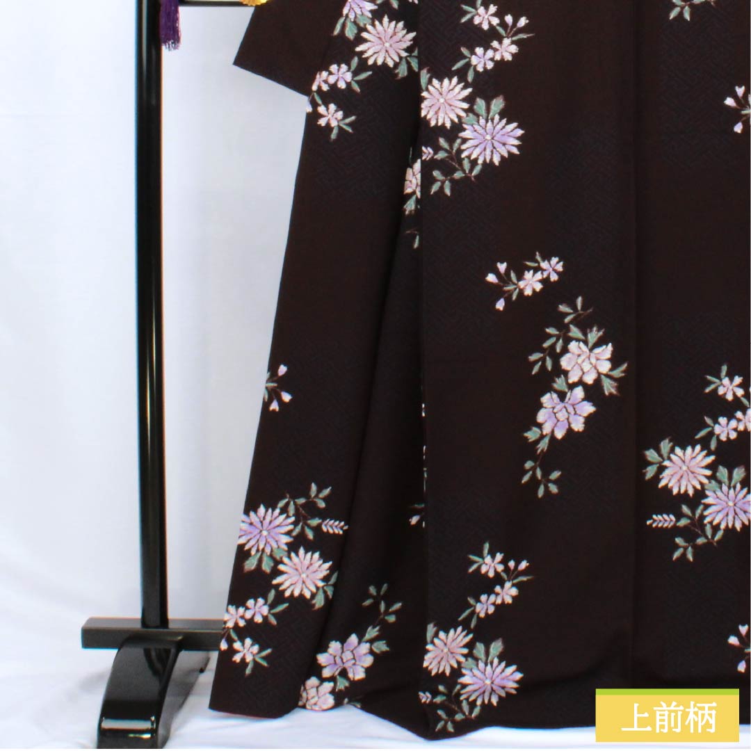 小紋 ポリエステル 身丈168.5cm 裄丈65cm 袷 紗綾形 花 洗える着物 Sランク 黒系 1115005952510