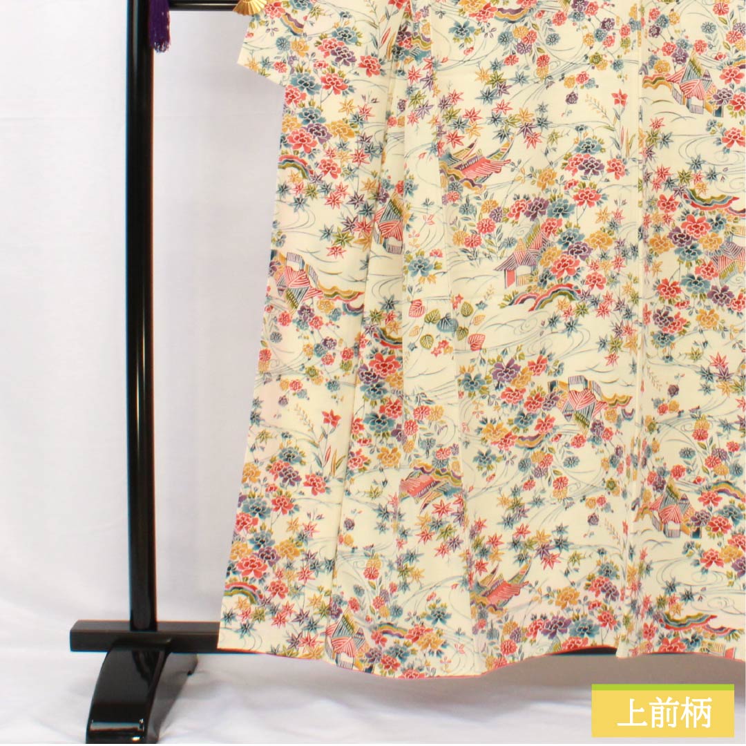 小紋 正絹 身丈158.5cm 裄丈64cm 袷 練色(ねりいろ) 型染 紅型調 茶屋辻 Aランク クリーム系 1115005103315