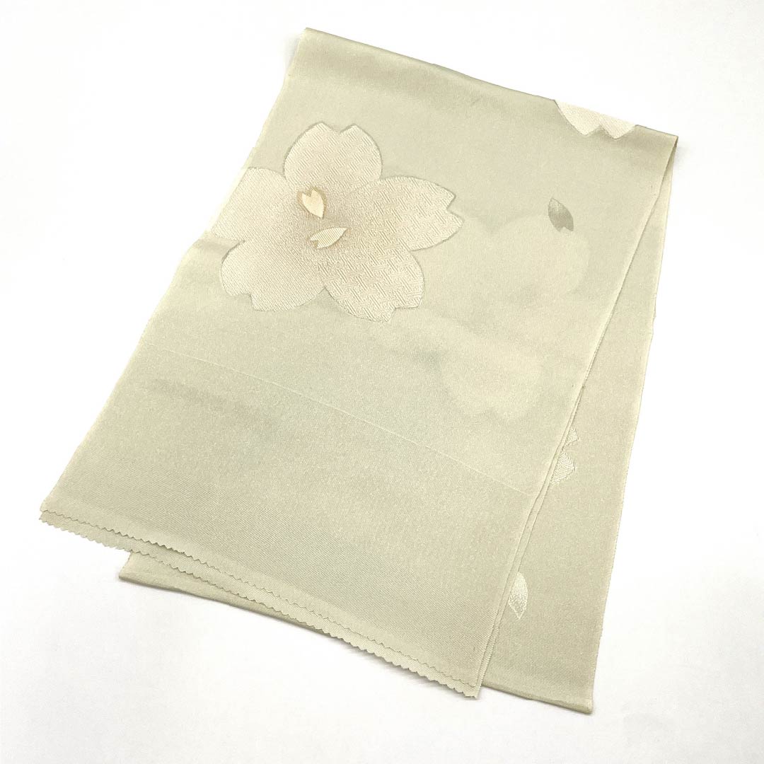 帯揚げ 正絹 Aランク セミフォーマル 利休白茶色(りきゅうしらちゃいろ) 桜 丹後ちりめん 長さ約176cm 幅約29cm グレー系 1136001893922