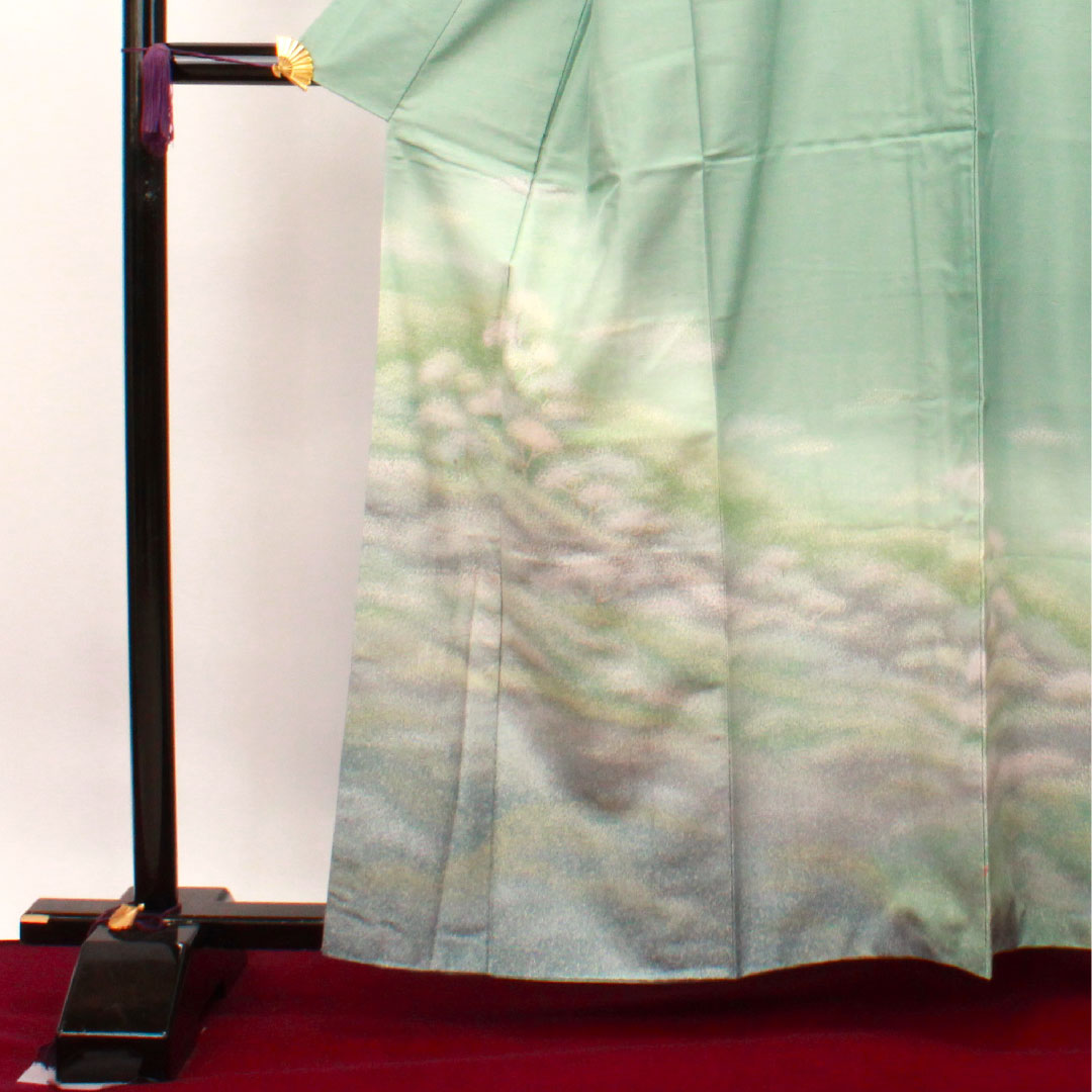 訪問着 正絹 袷 身丈161cm 裄丈62.5cm 豆青色 牛首紬 抽象模様 Aランク 緑系 1112003263419