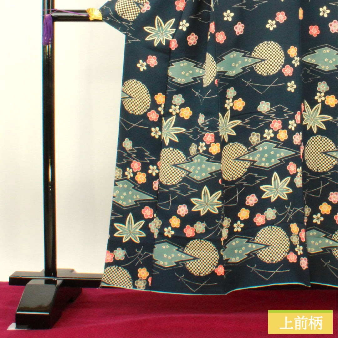 訪問着 正絹 袷 身丈158.5cm 裄丈62cm 濃紺色 小紋付下げ 京紅型 Aランク 紺系 1112003783318