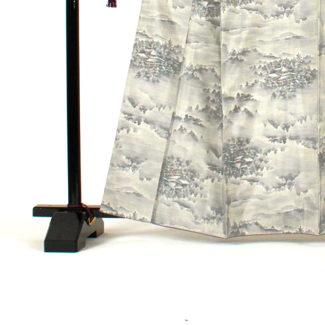 大島紬 身丈164cm 裄丈66cm 寺院風景 正絹 Sランク 袷 白系 1116000782311