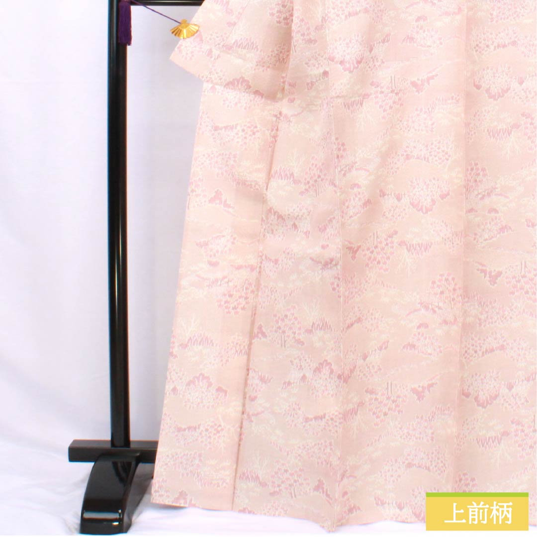 紬 正絹 身丈169.5cm 裄丈67cm 浅蘇芳色(あさきすおういろ) 風景模様 Sランク 単衣 ピンク系 1116003822513