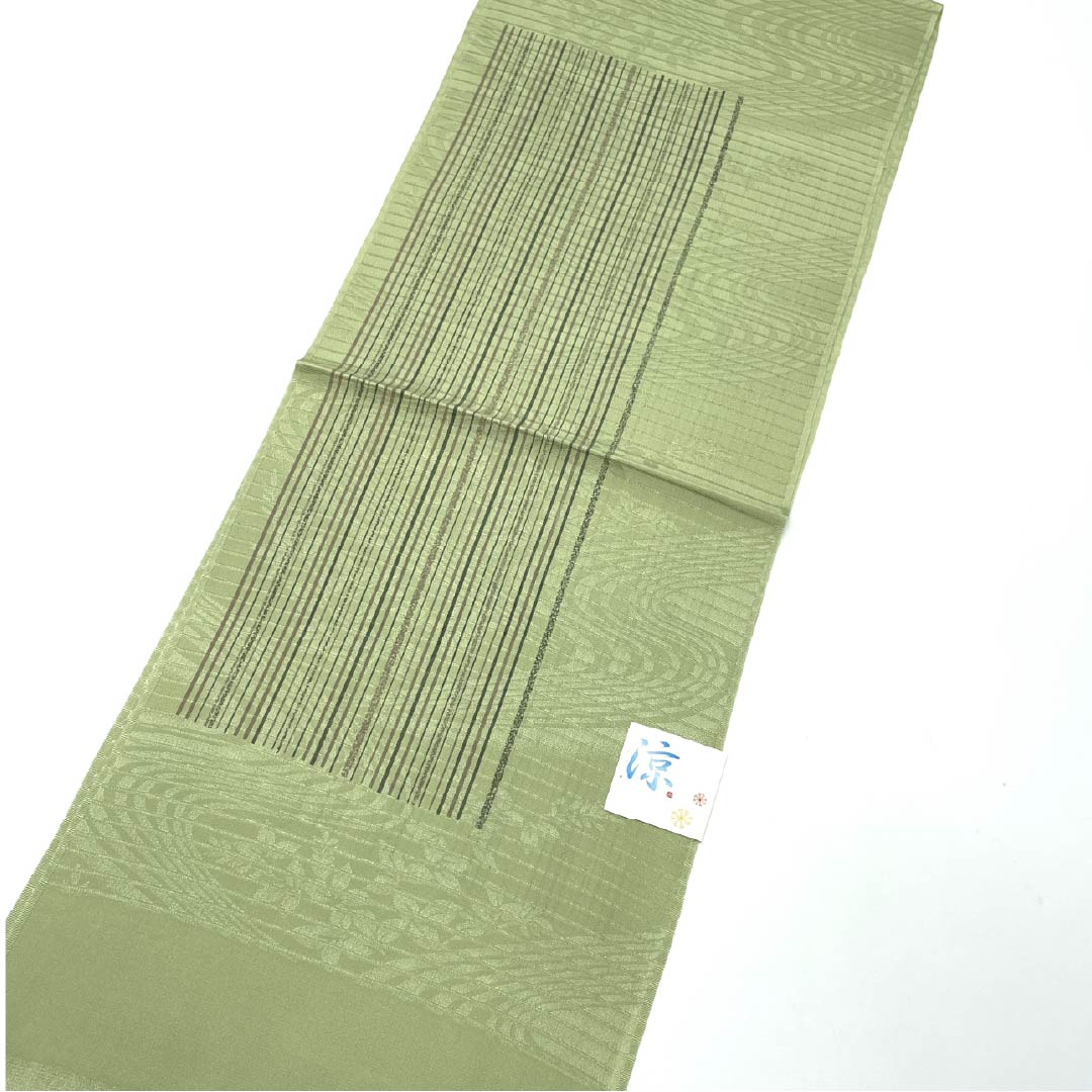 (新品)帯揚げ 正絹 セミフォーマル 柳茶色(やなぎちゃいろ) 夏物 縞 幾何学模様 長さ約168cm 幅約28cm NEWランク 緑系 1136000881919