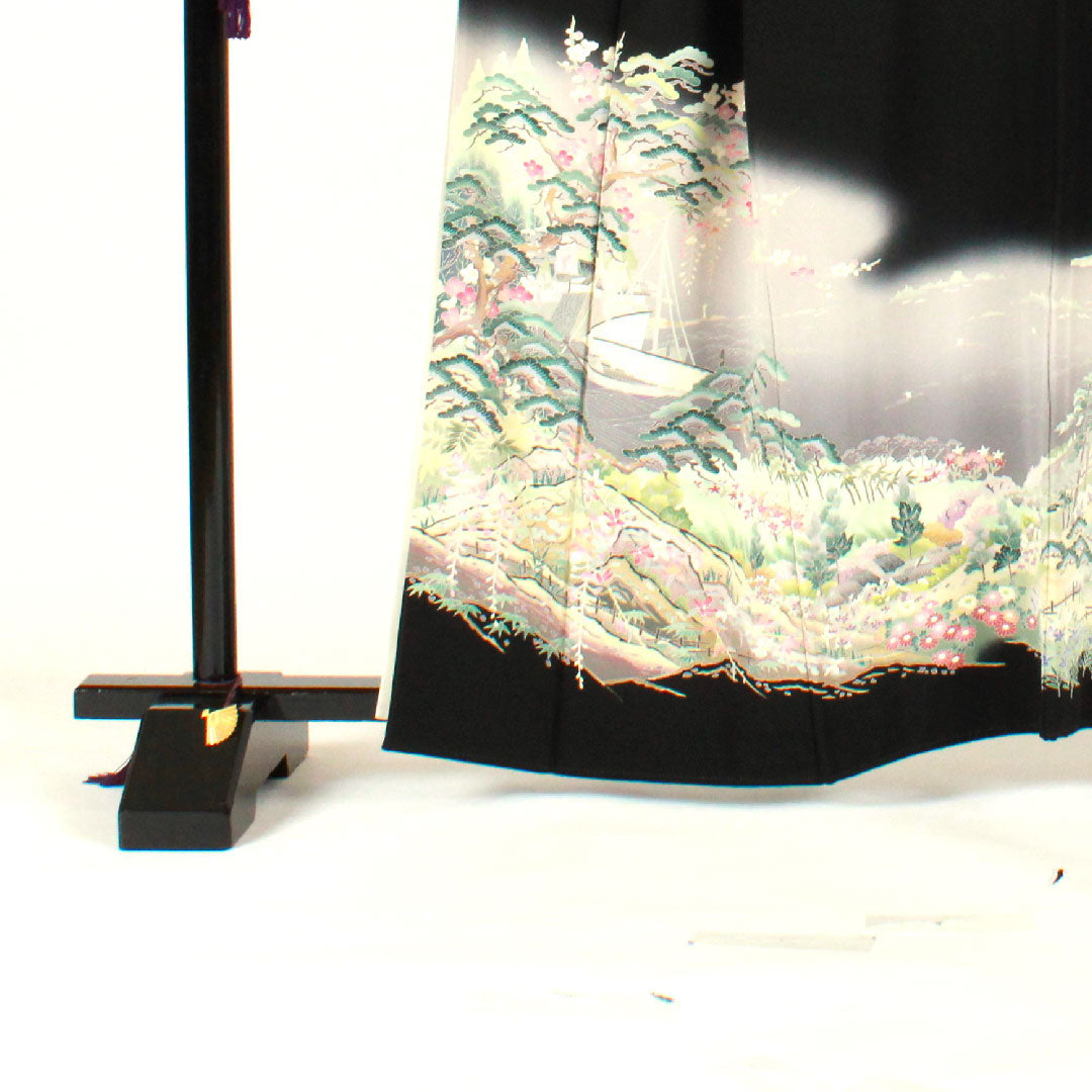 黒留袖 身丈161.5cm 裄丈66cm 袷 作家物 風景模様 下がり藤 正絹 Aランク 五つ紋 黒系 1111000353410