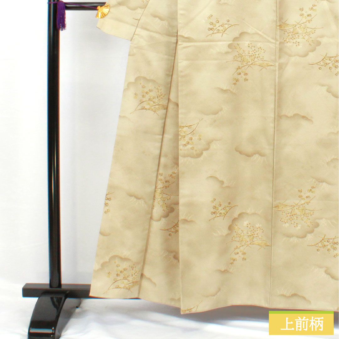 小紋 ポリエステル 身丈158cm 裄丈64cm 袷 蠟色(ろういろ) 洗える着物 草花模様 Sランク 緑系 1115004772319