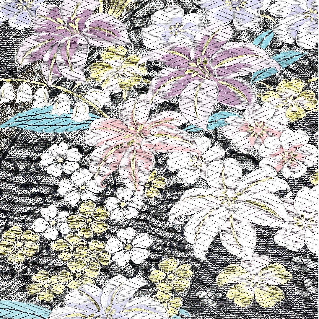 (未仕立)袋帯 花柄 振袖用 桜 帯丈455cm 正絹 NEWランク 六通 セミフォーマル 黒系 1123002501410