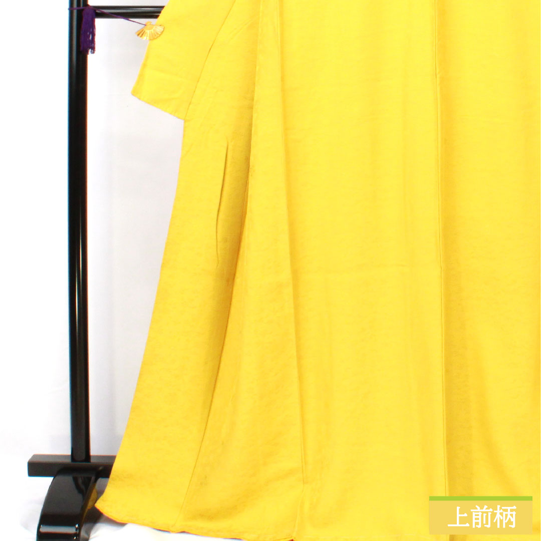 色無地 正絹 身丈168cm 裄丈65.5cm 藤黄色(とうおういろ) 唐草模様 袷 Aランク 黄系 1114001673523